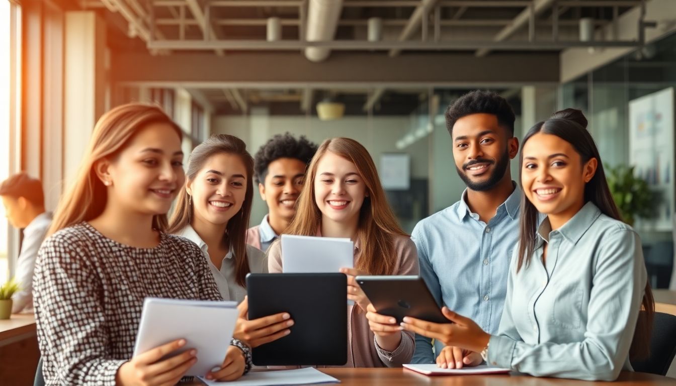 2025 청년일자리도약장려금과 청년 고용 지원 정책을 상징하는 현대적 사무실에서 일하는 다양한 청년들의 모습