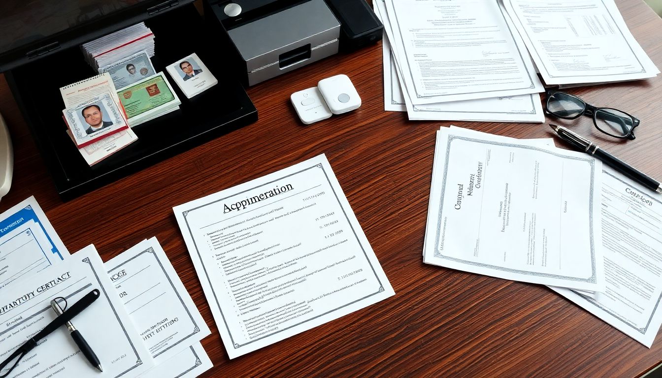 청년일자리도약장려금 신청을 위한 필수 서류가 정리된 책상 모습